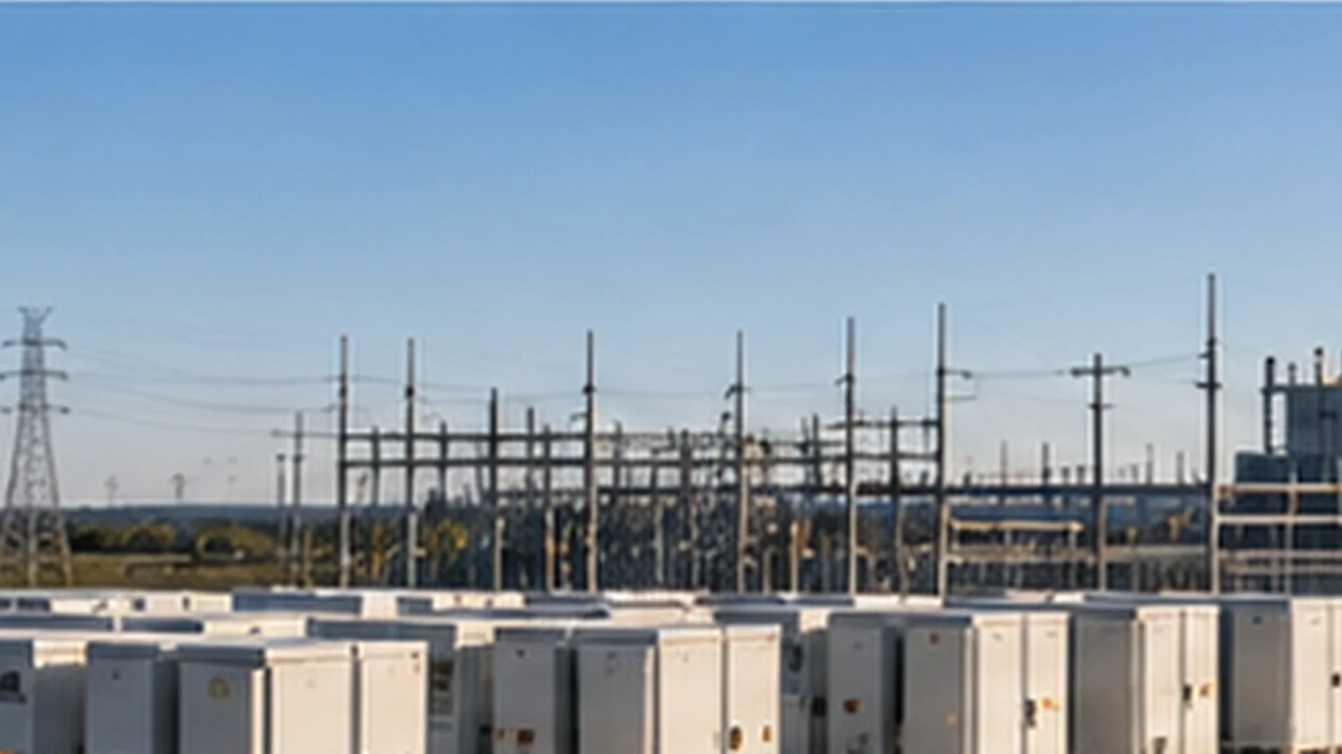 Rows of grid-scale battery storage enclosures in front of an electrical substation and power plant under a clear sky