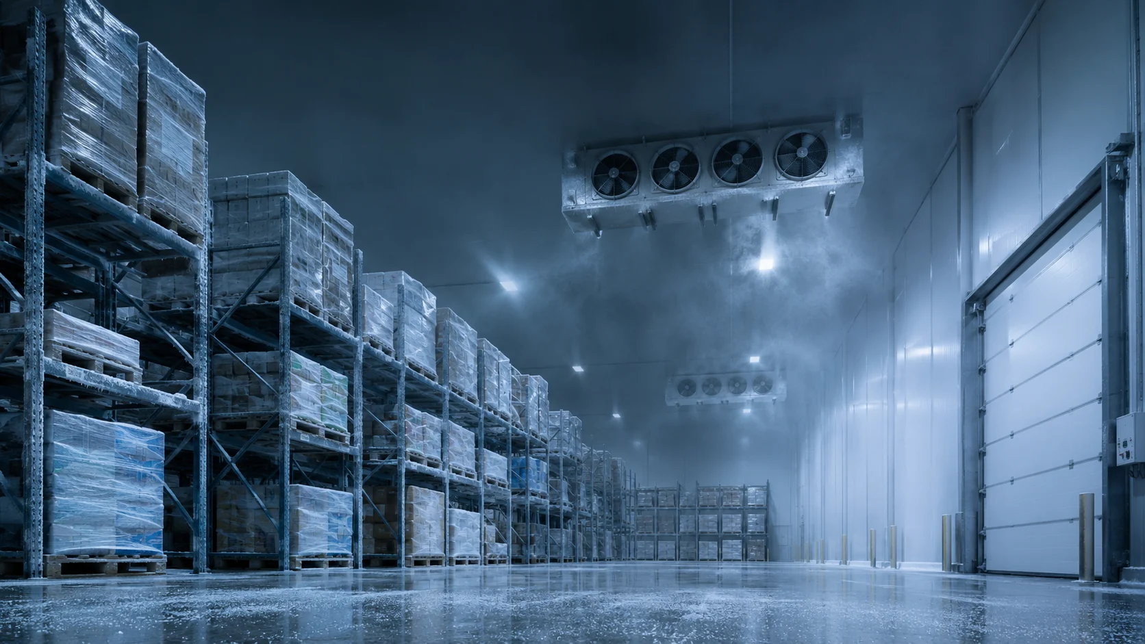 Interior of a Texas refrigerated warehouse with frost on racking and evaporator fans overhead