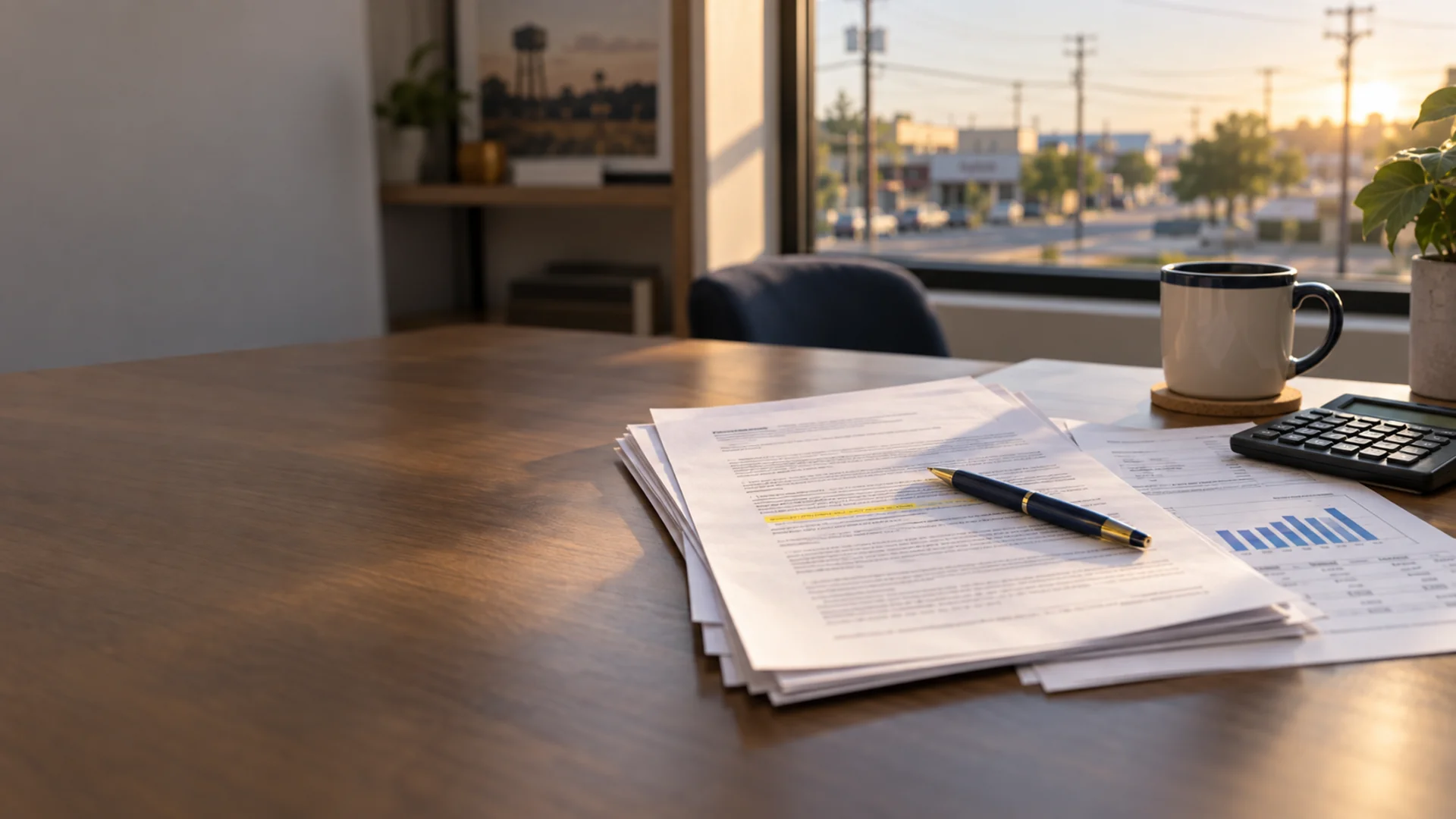 Commercial electricity contract pages with a highlighted clause, a pen, a calculator and a usage chart on an office desk by a window overlooking a Texas street