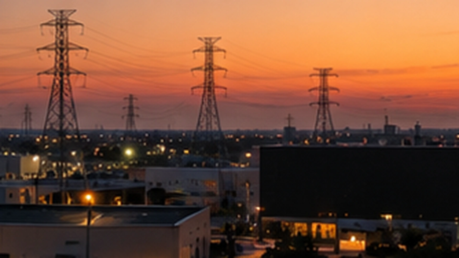 Transmission towers silhouetted against an orange sunset over a Texas commercial district, with one large building dark while others stay lit