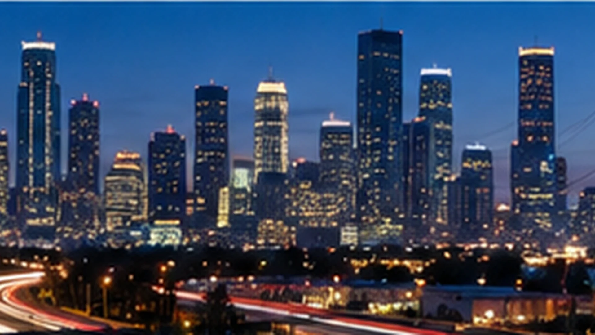Texas downtown skyline at blue hour with highway light trails curving through the foreground