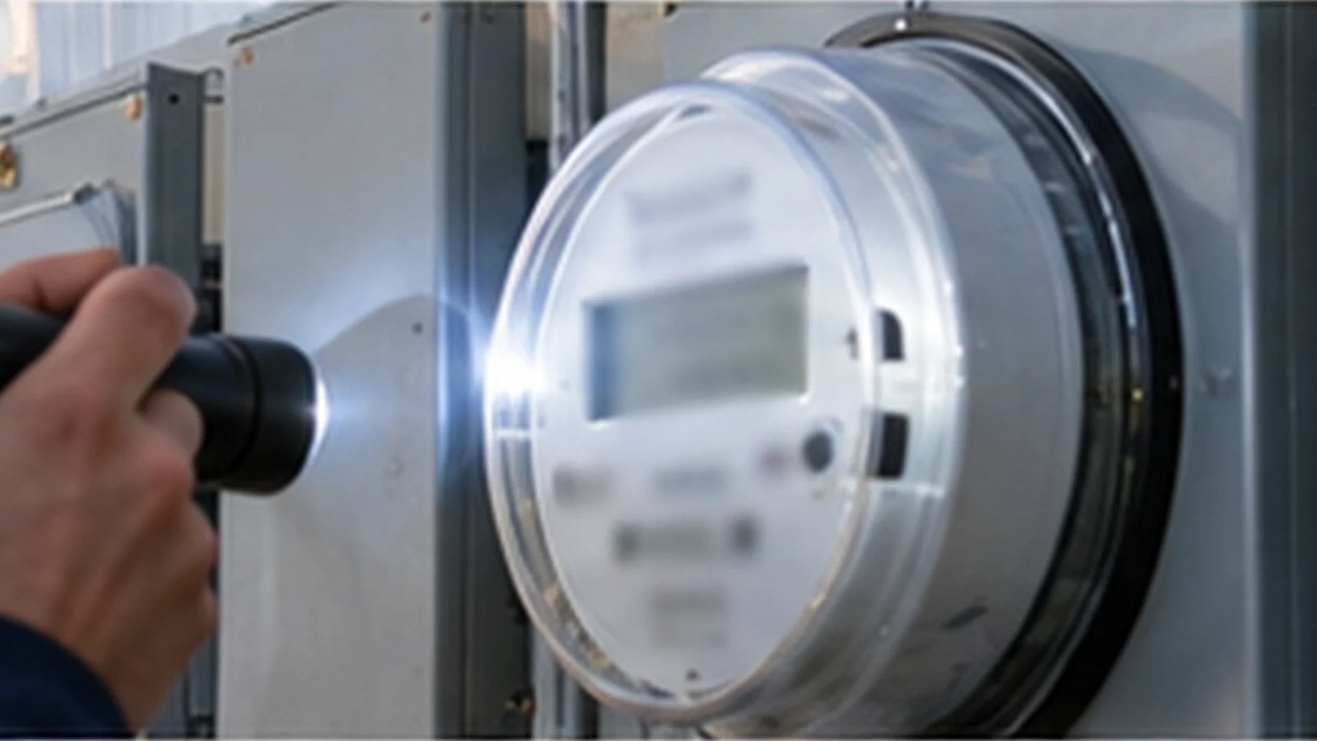 Hand shining a flashlight on a digital commercial electric meter mounted on a gray metering cabinet