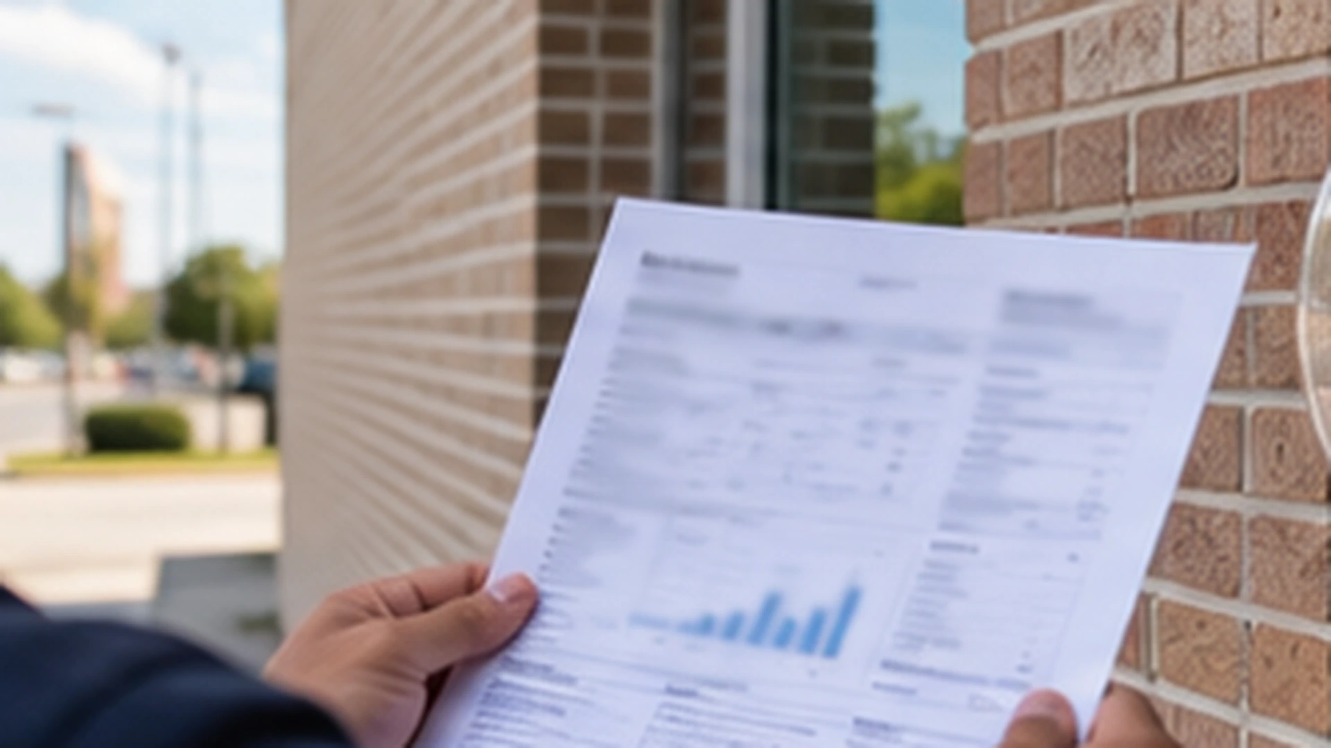 Business owner holding a commercial electricity bill outside a brick Texas retail building