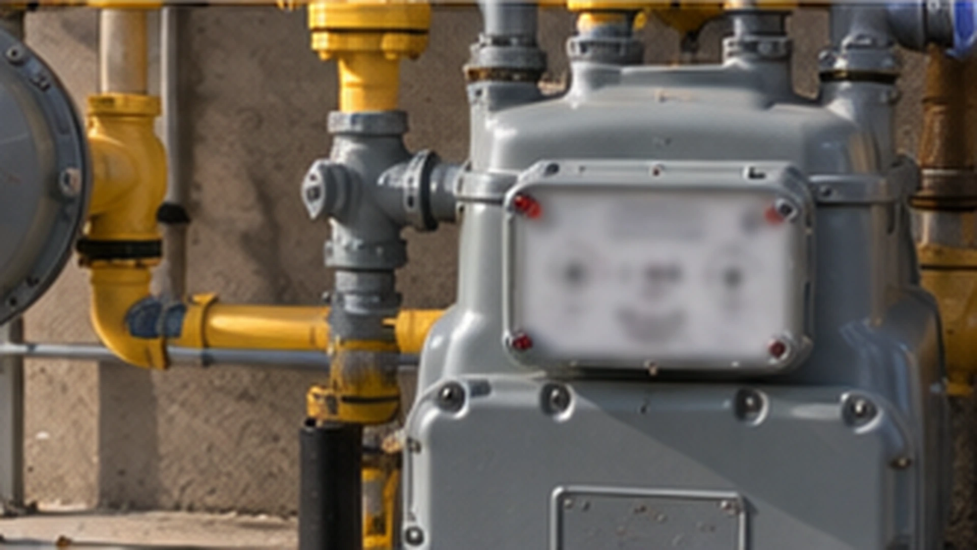 Commercial natural gas meter with yellow-painted gas piping and a service regulator on the back wall of a Texas business