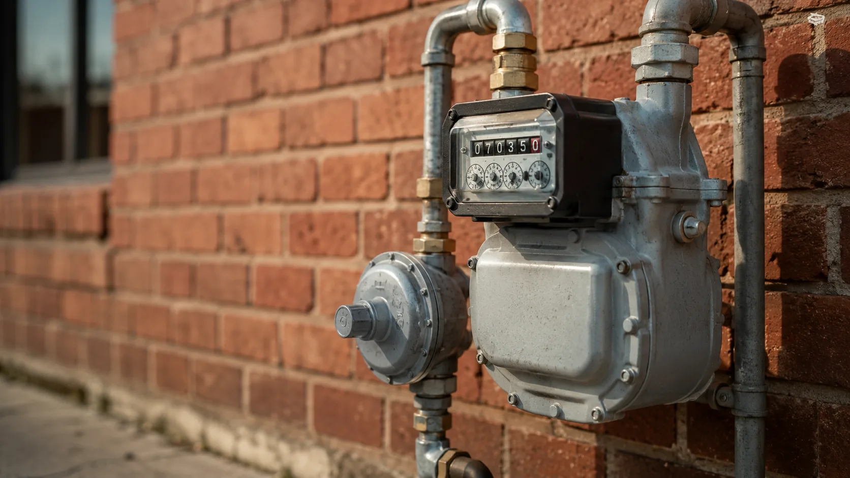 Close-up of a commercial natural gas meter and index dials at a Texas business