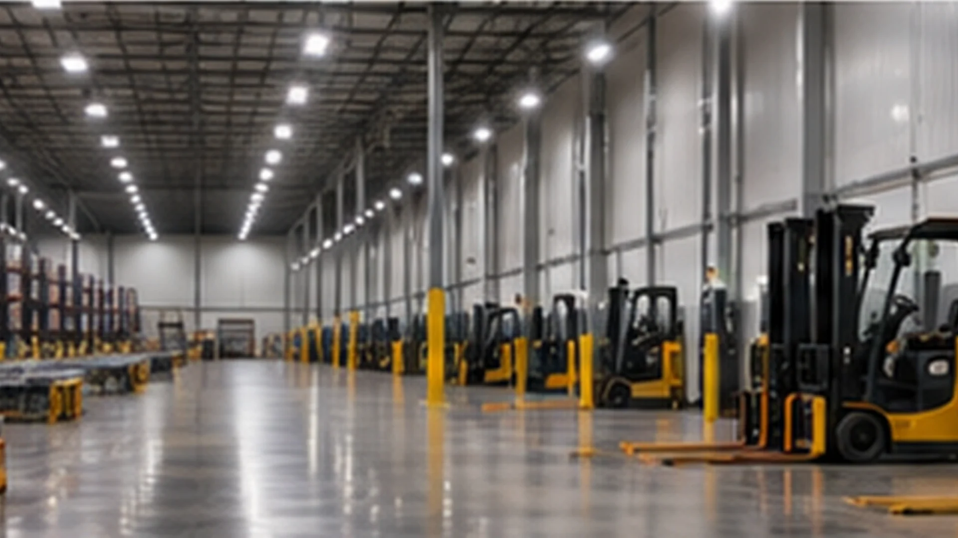 Brightly lit Texas distribution warehouse with high-bay lights and a row of electric forklifts parked along the wall