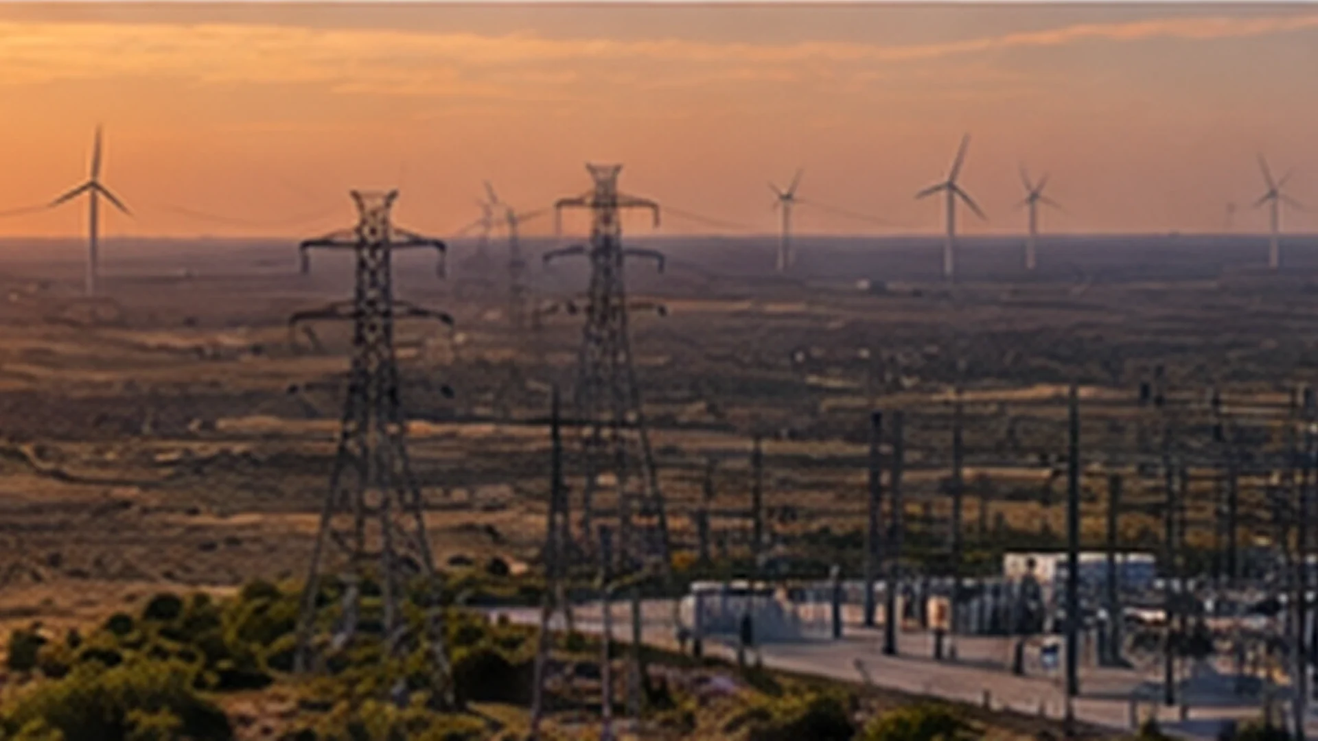 High-voltage transmission towers crossing West Texas ranchland toward a substation, with wind turbines on the horizon at sunset