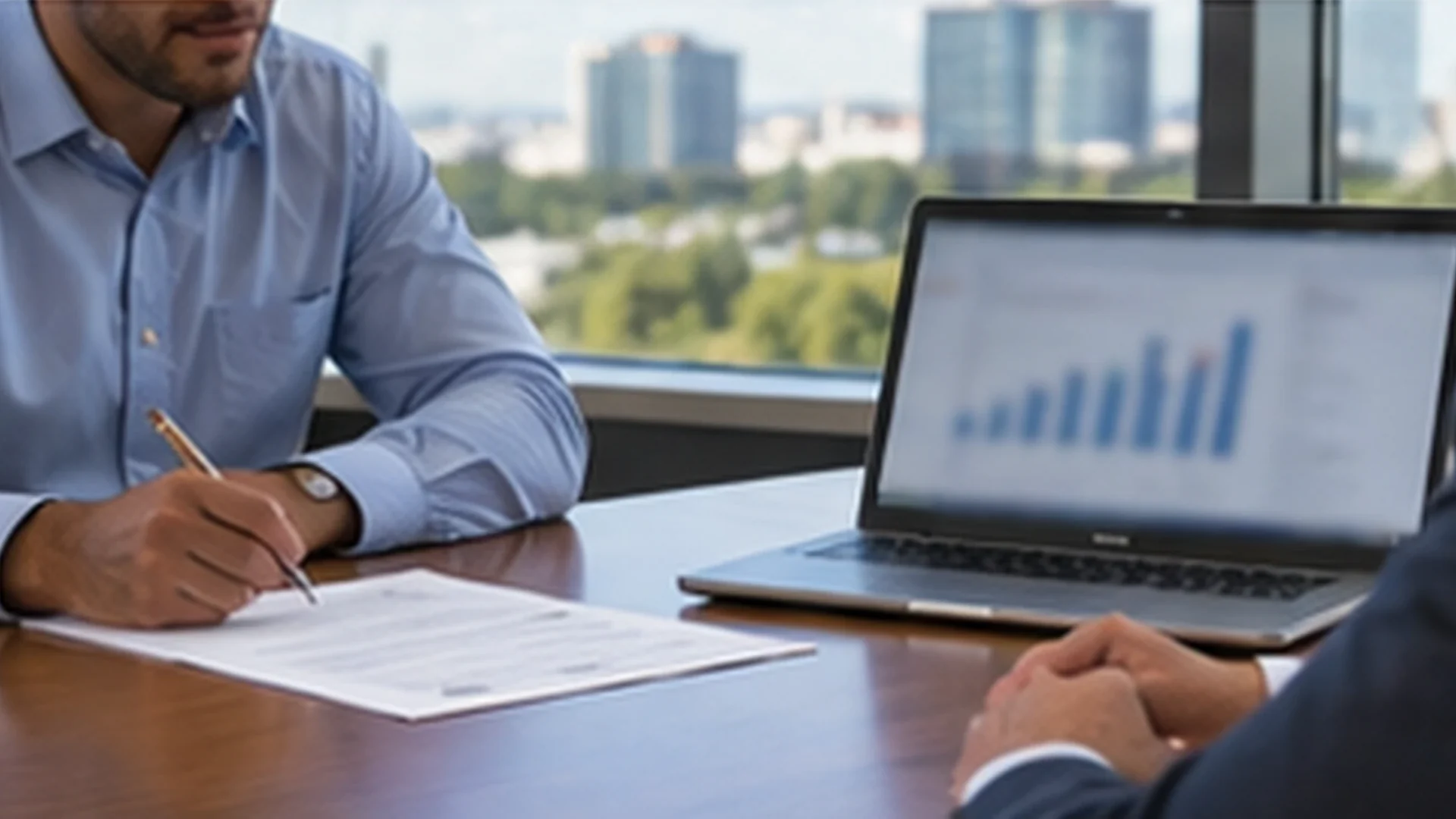 A business owner signing a one-page document at an office conference table beside a laptop showing a usage chart, with a city view through the window