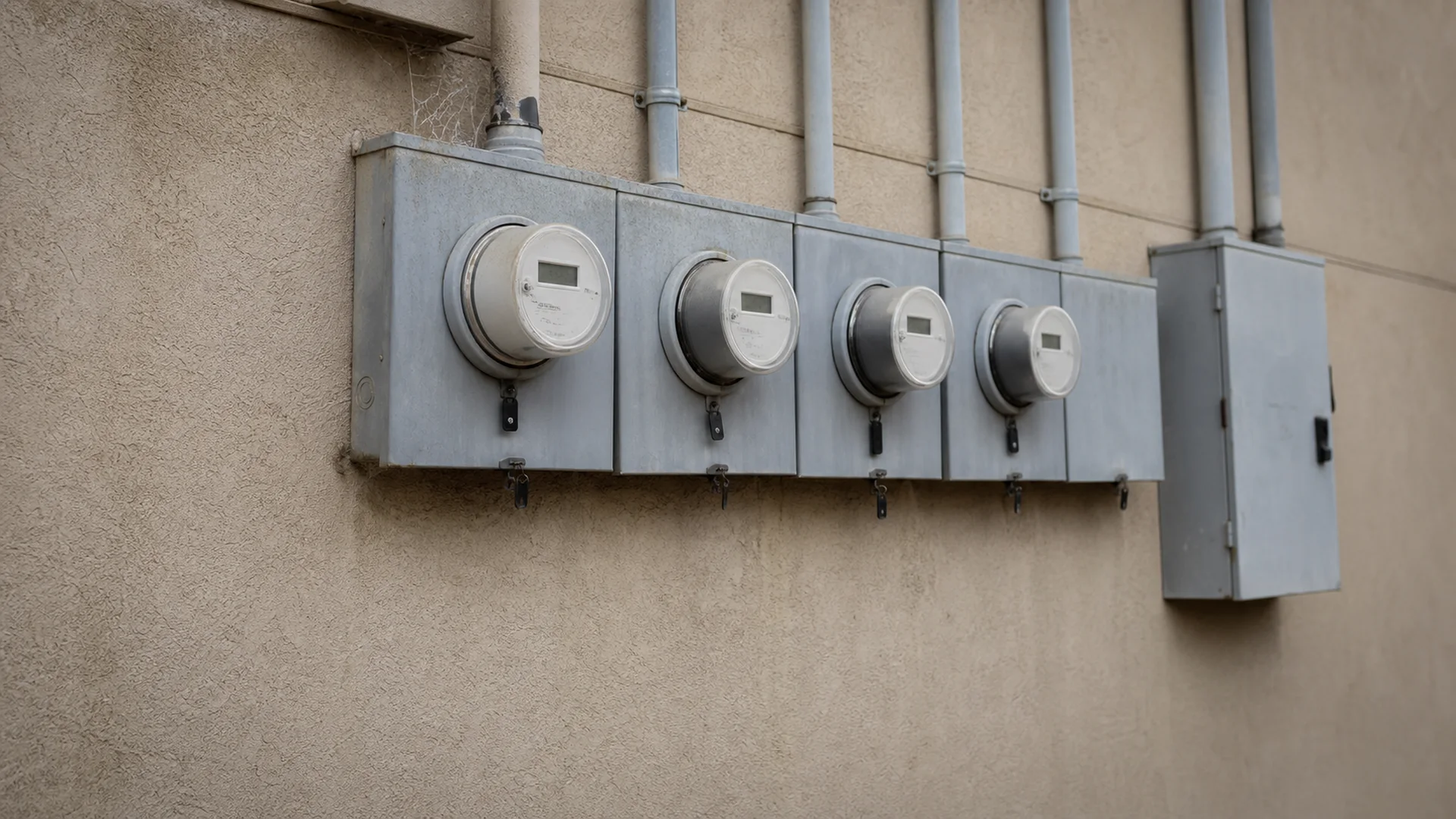 Bank of electricity meters on the exterior wall of a Texas apartment building