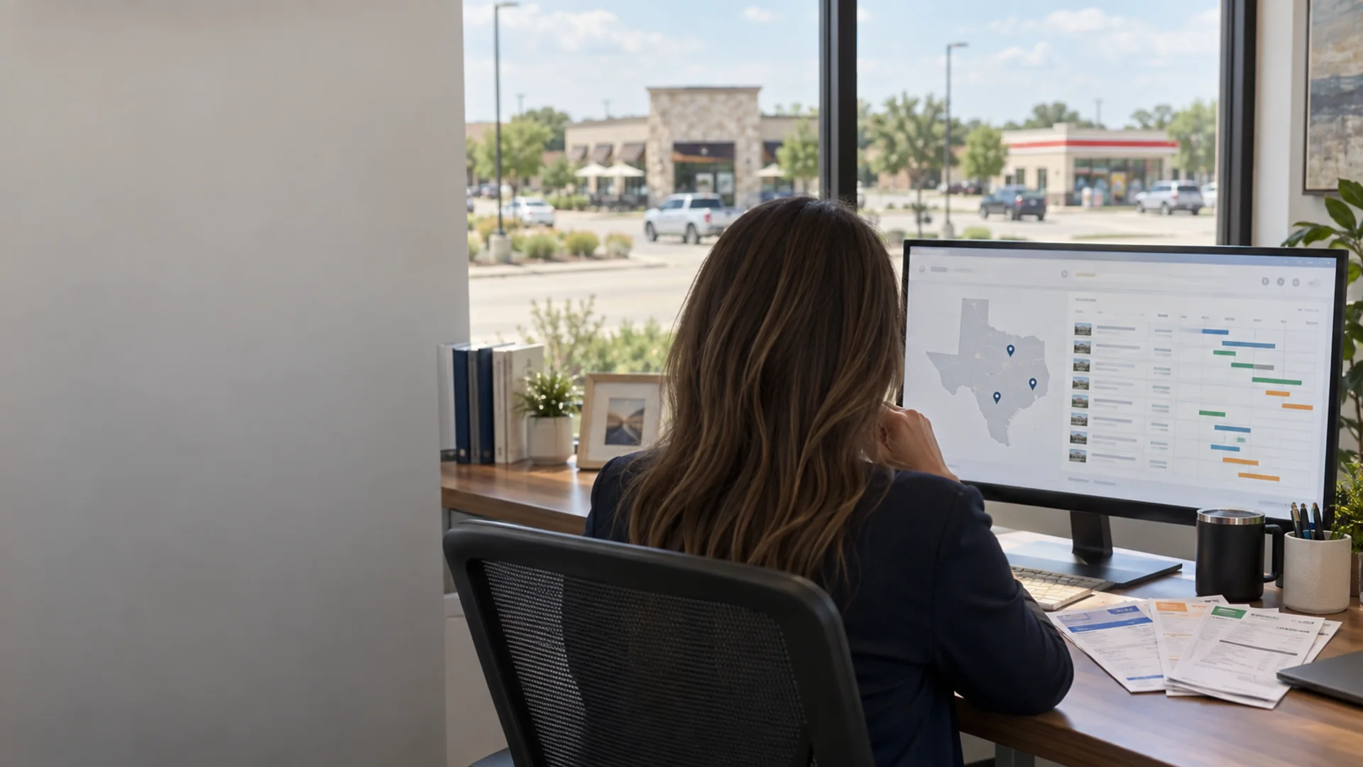 Operations manager at a desk reviewing a Texas map with location pins and a contract timeline on screen, with electricity bills beside the keyboard and a retail center outside the window