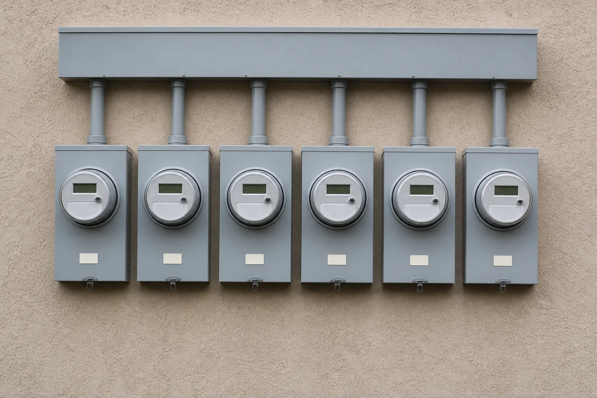 A bank of commercial electric meters on a multi-tenant Texas retail building, each a separate service delivery point