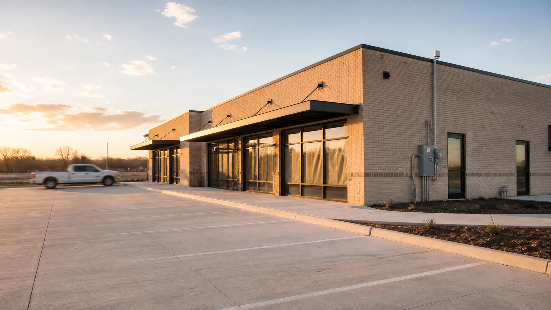 A newly completed and unoccupied Texas commercial building at golden hour with a new electrical service mast and meter enclosure