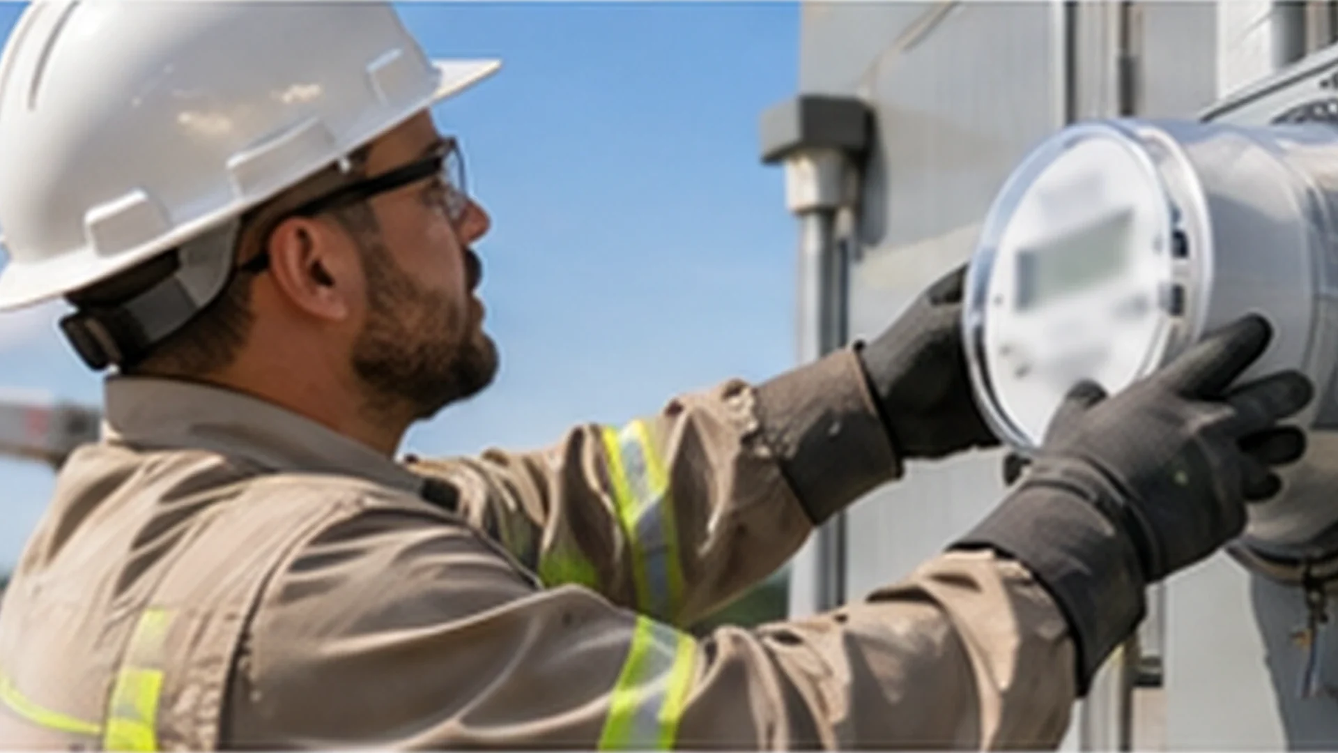 Utility technician in a hard hat and safety glasses fitting a smart electric meter into its socket on a commercial building