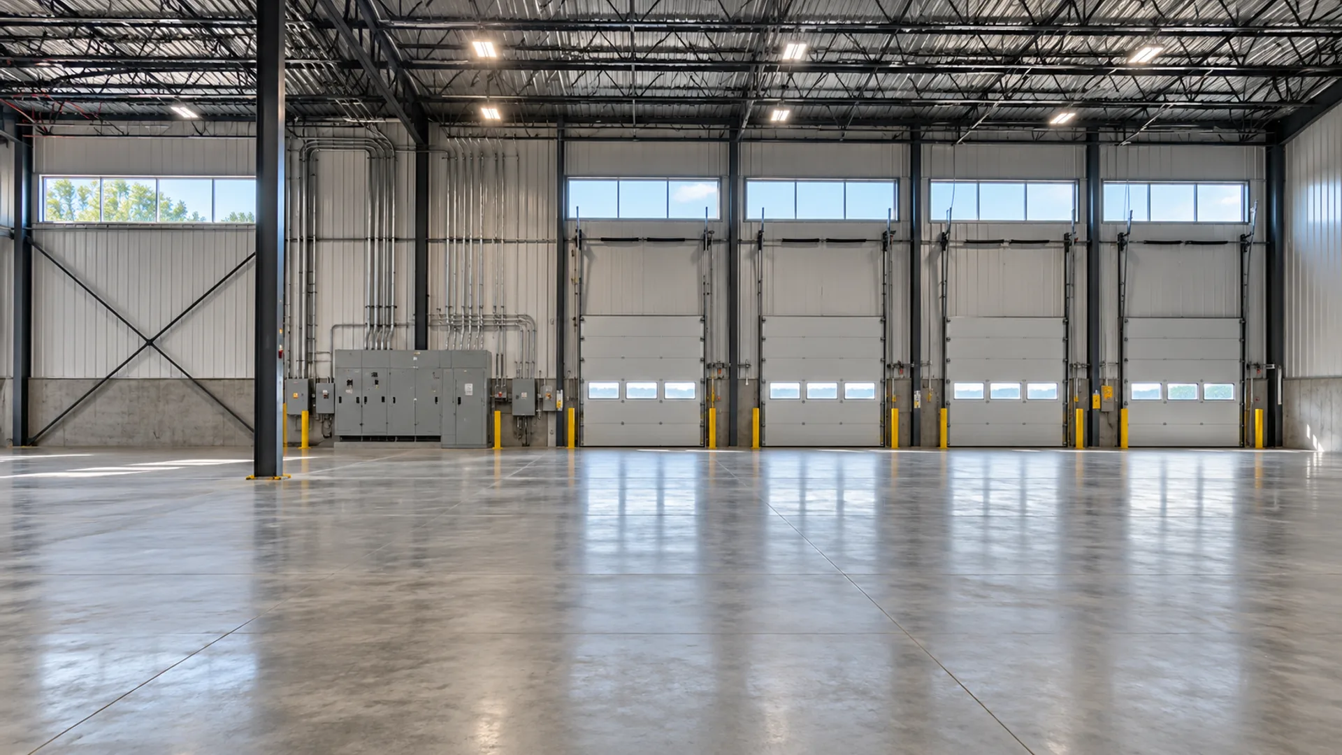 Empty, newly built Texas distribution warehouse with a polished concrete floor, high-bay lights, a row of closed dock doors and new electrical switchgear along the wall