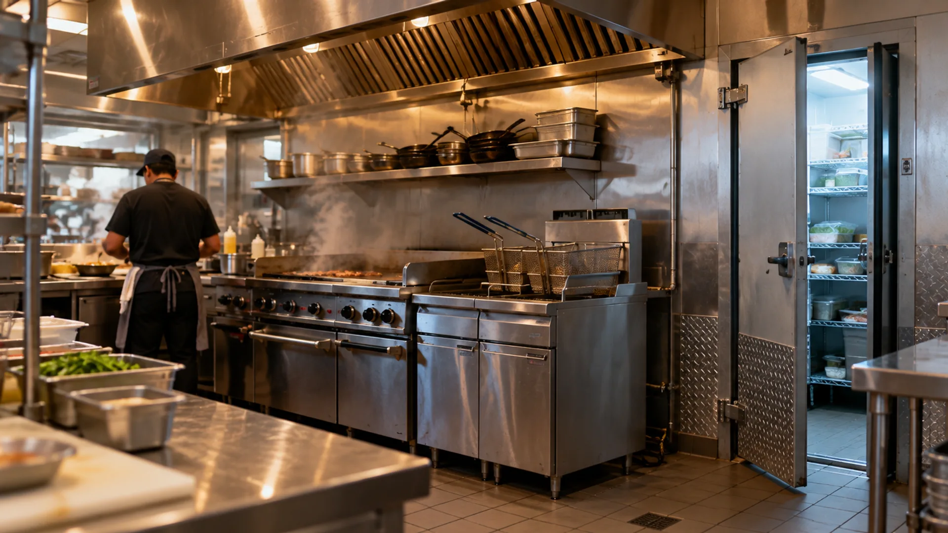Back-of-house of a Texas restaurant during morning prep, with a stainless cook line under an exhaust hood and an open walk-in cooler door