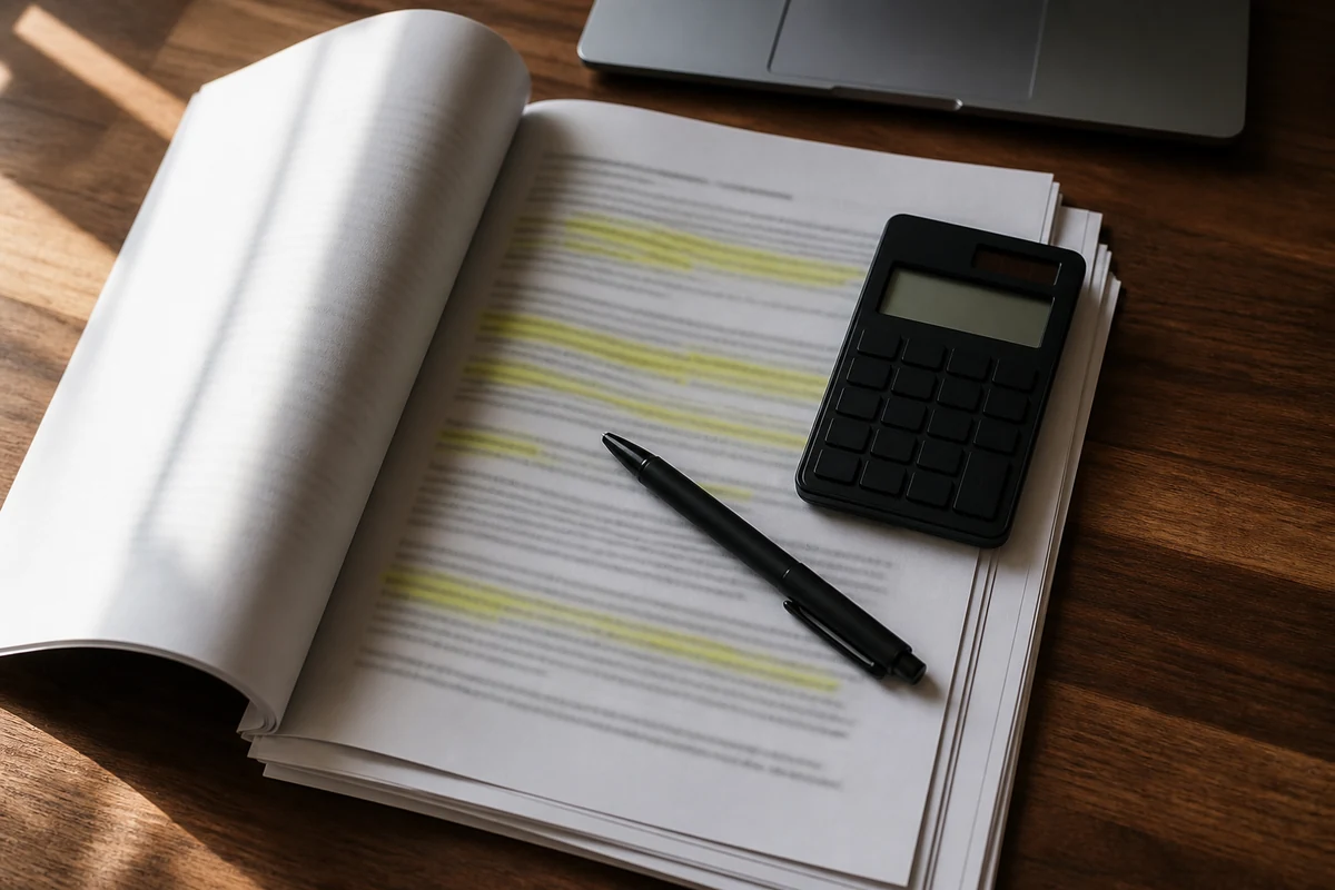 Printed commercial electricity contract pages with a calculator, used to work out an early-termination exit calculation