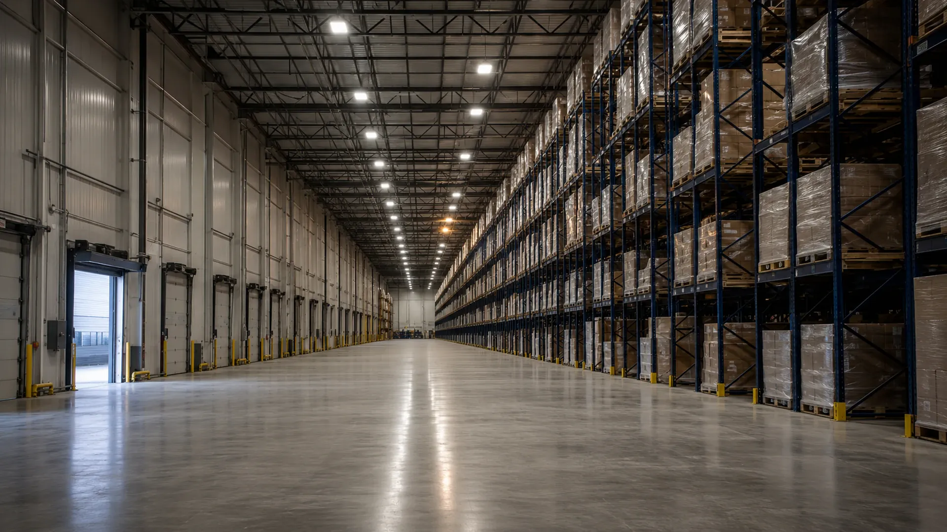 Interior of a large Texas distribution warehouse with high racking and overhead lighting