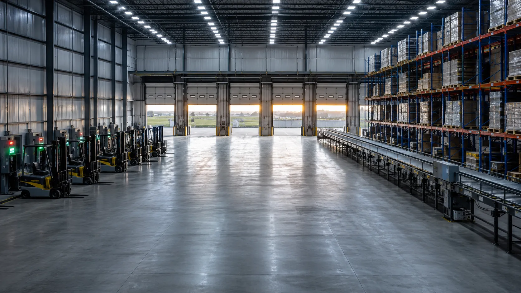 Texas warehouse loading dock at shift start with forklifts, conveyors, and high-bay lighting running