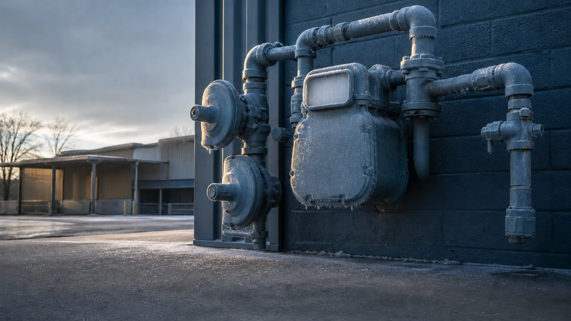 Natural gas metering and regulator station at a Texas commercial facility on a cold winter morning